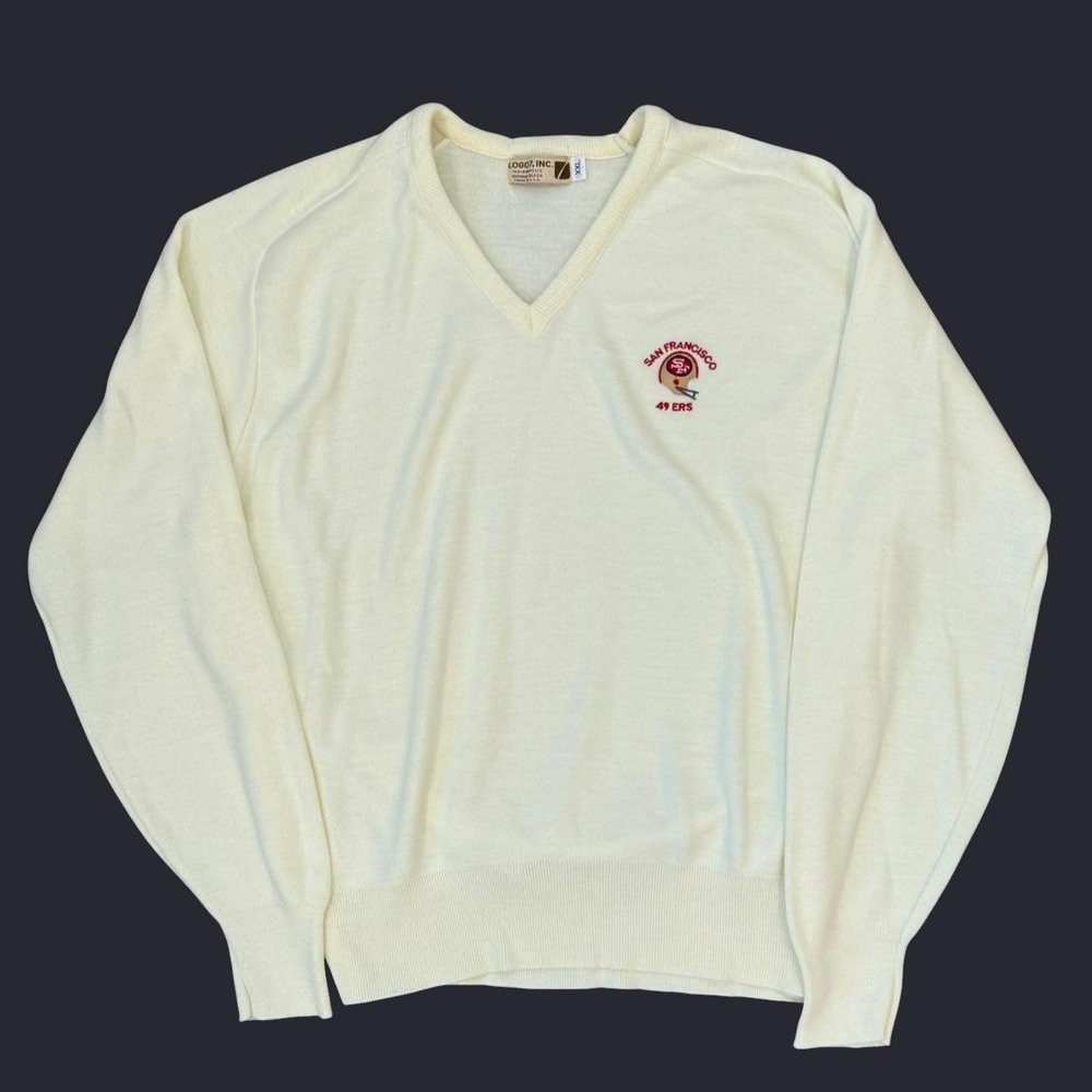 Vintage Logo7 San Francisco 49ers V-Neck Cream Sweatshirt Men's Size XXL 90s VTG
